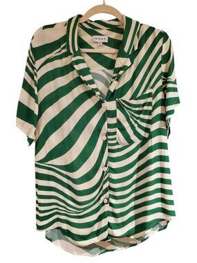Wray NYC Indie Designer Green Wavy Stripe Button Up Lounge Shirt XL